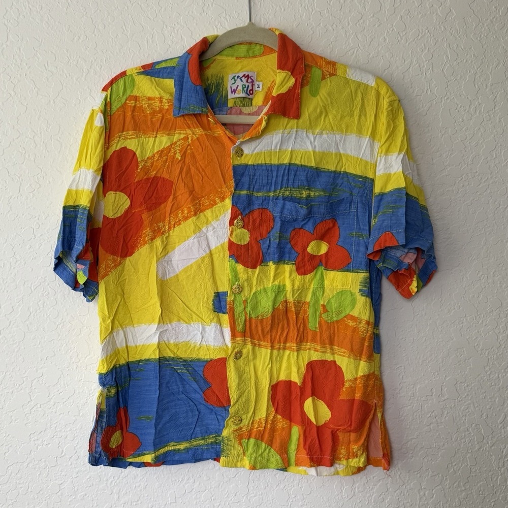 Vtg Jams World Shirt Mens Medium Colorful Button Up Hawaiian Camp Artsy Rare USA